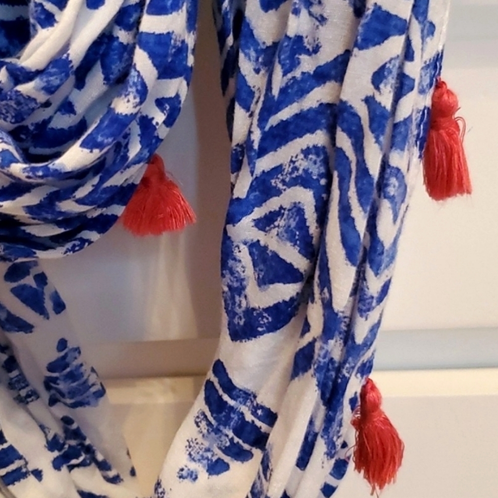 J. Crew Blue and Coral Tassel Infinity Scarf - Picture 2 of 6